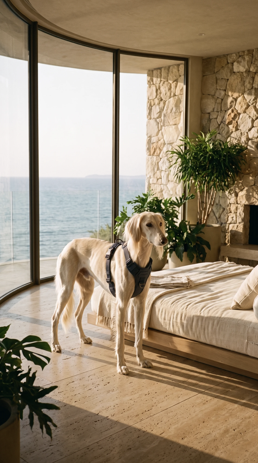 Dog in a Legame harness by the sea