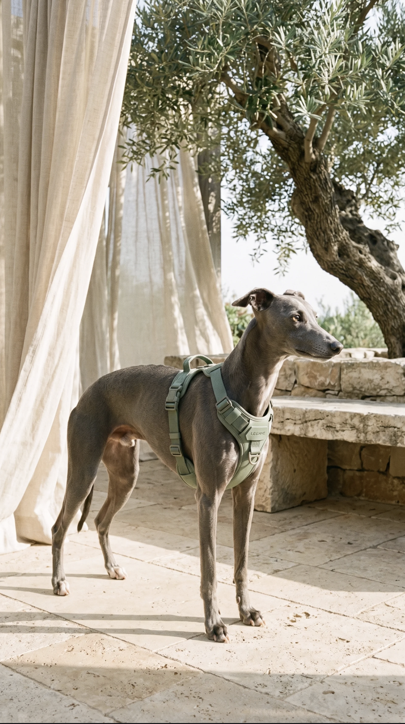 Whippet in a sage Legame harness